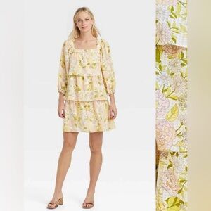WHOWHATWEAR White and yellow floral tiered balloon sleeve mini dress size M.
